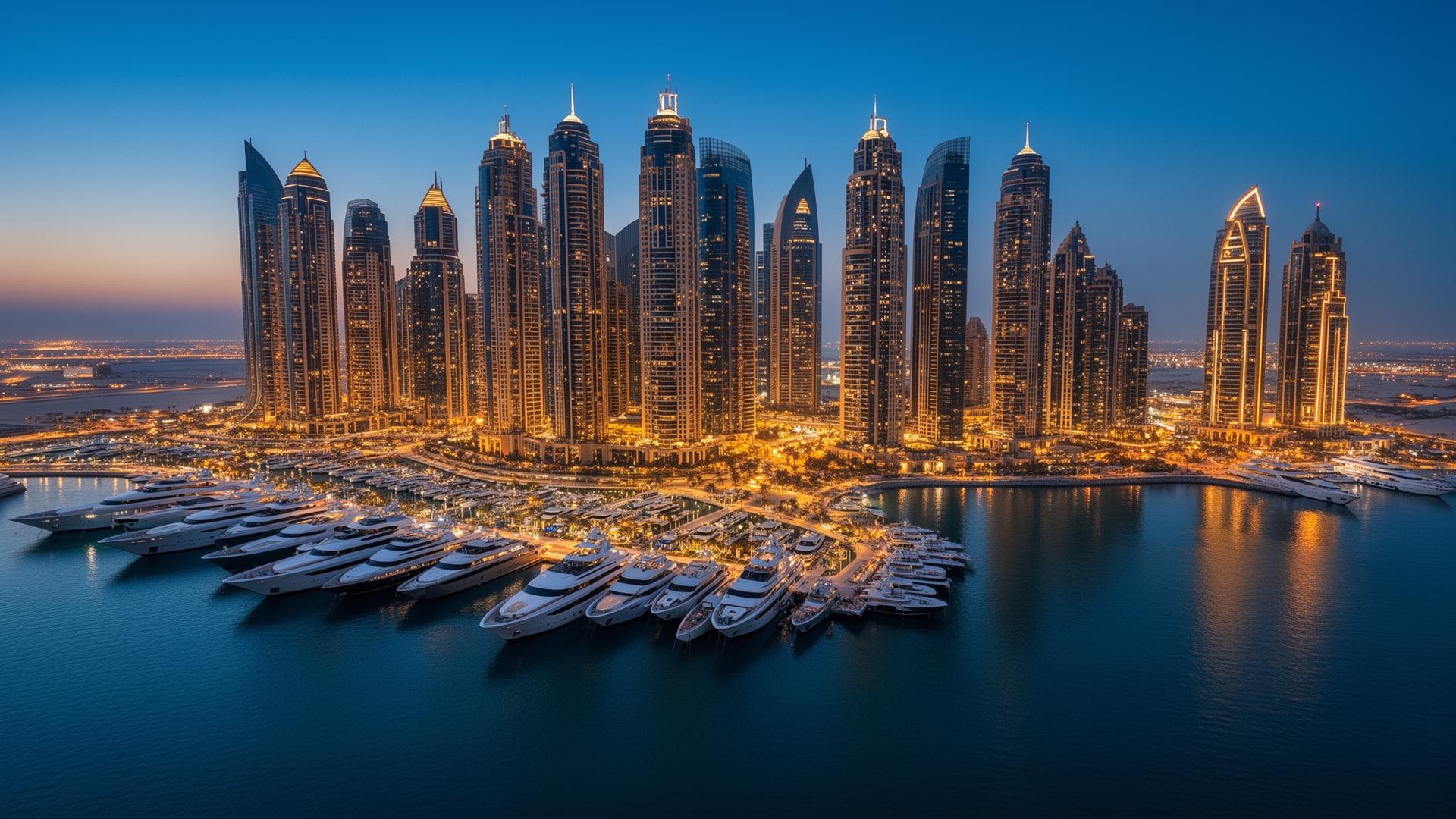 Dubai skyline at dusk with Burj Khalifa — search and book WYZ Rent holiday homes and short-term rentals in Downtown Dubai, Marina, Palm Jumeirah and Business Bay