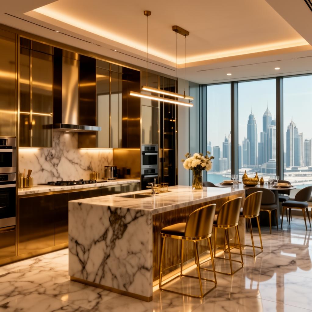 Luxury Dubai apartment kitchen with marble and gold accents