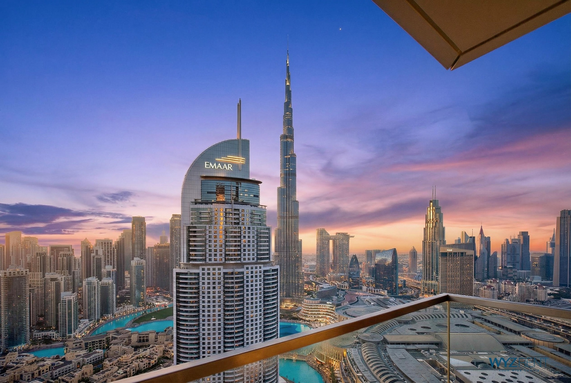 Stunning Burj Khalifa twilight view from luxury Dubai property balcony - managed by WYZ Rent premium property management